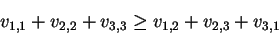 \begin{displaymath}v_{1,1} + v_{2,2} + v_{3,3} \geq v_{1,2} + v_{2,3} +
v_{3,1} \end{displaymath}