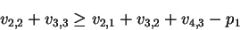\begin{displaymath}v_{2,2} + v_{3,3} \geq v_{2,1} + v_{3,2} + v_{4,3} - p_1
\end{displaymath}