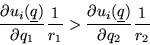 \begin{displaymath}
\frac{\partial u_i(\underline q)}{\partial q_1}\frac{1}{r_1}> \frac{\partial u_i(\underline q)}{\partial q_2}\frac{1}{r_2}
\end{displaymath}