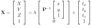$\displaystyle {\bf X} =
\left[ \begin{array}{c} X \\ Y\\ Z\\ 1 \end{array} \ri...
...ray}\right]
+
\left[ \begin{array}{c} t_x \\ t_y\\ t_z\\ 1 \end{array} \right]
$