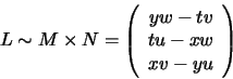 \begin{displaymath}L\sim
M\times N
=
\left(\begin{array}{c} yw-tv\\ tu-xw\\ xv-yu \end{array}\right)
\end{displaymath}